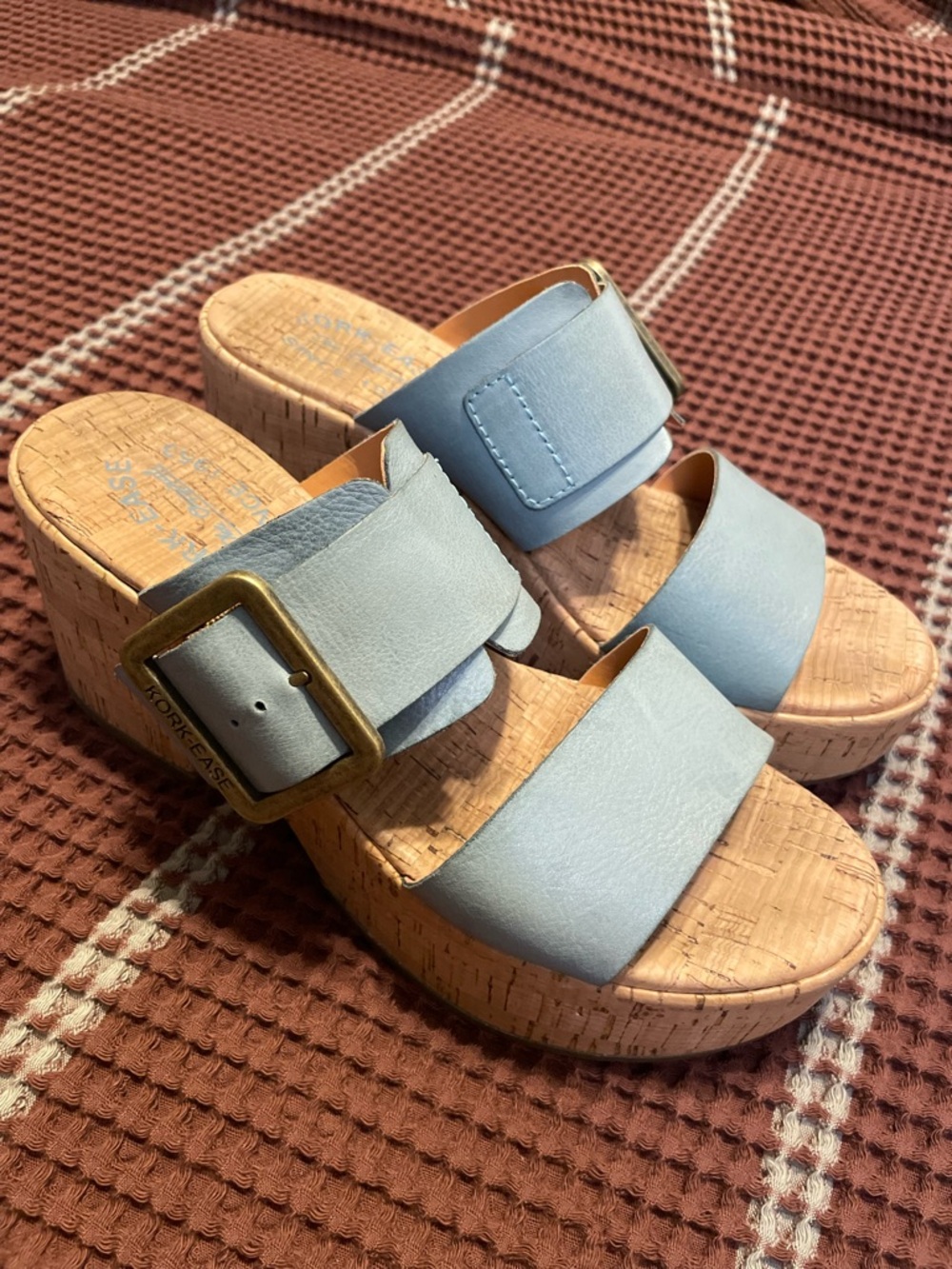 Kork-Ease Light Blue Cork Wedge Slide Sandals with Buckle